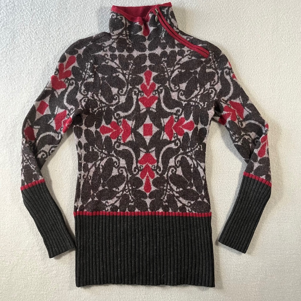 Krimson Klover Women Red Grey Damask 100% Wool Quarter Zip Sweater Size M